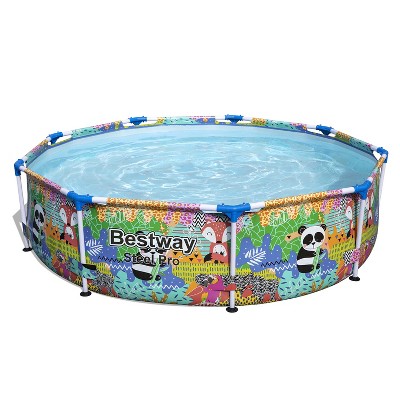 Bestway Steel Pro Easy Setup Kiddie Panda Rainbow Jungle Print 9 Foot DuraPlus Reinforced Puncture Resistant Round Above Ground Swimming Pool