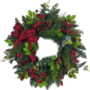Kurt Adler Artificial Berries and Pinecone Ribbon Wreath Christmas Decoration, Green, 24" - 1 of 4