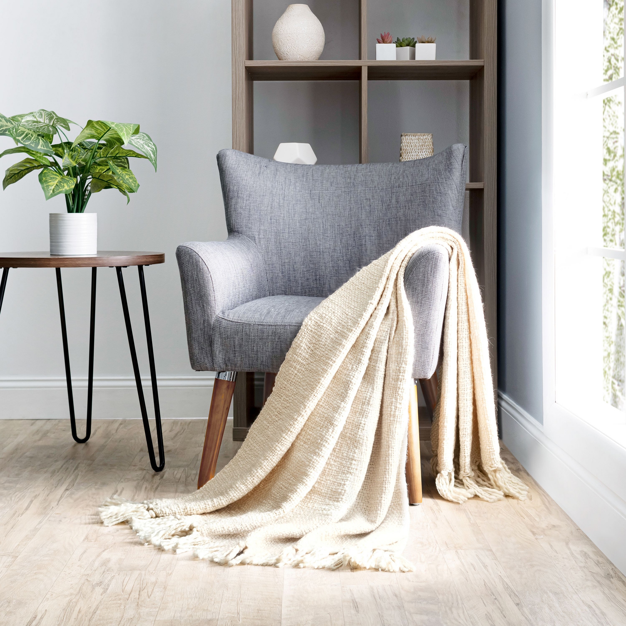 Slub-Yarn Throw Blanket With Fringe Trim 50" x 60" - Becky Cameron, Natural, Throw