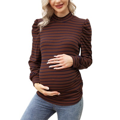 High Neck Puff Sleeve Ribbed Pleated Maternity Striped Top