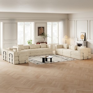 8-Seater Corduroy Fabric Folding Convertible Sofa Bed with Side Storage Pockets, Cushions Included, Space-Saving for Living Room, Bedroom, and Study - 1 of 4