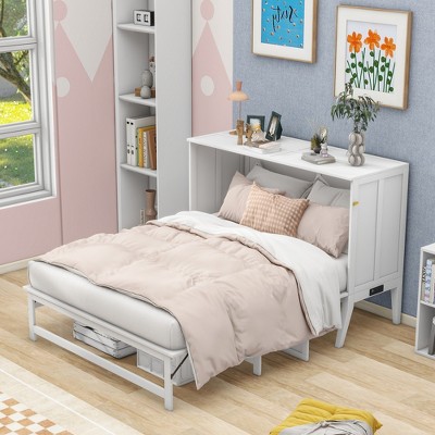 Whisen Queen Size Murphy Bed, Solid Pine & MDF Frame with Built-In Charging Station, Shelf/Desk, Space-Saving Design - White