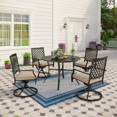 Captiva Designs 5pc Patio Dining Steel Set with Slat-top Round Table & Metal Chairs with Stylish Back