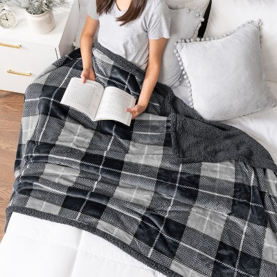 Charcoal Gray Plaid Sherpa Fleece Reversible Throw Blanket, 50" x 60"