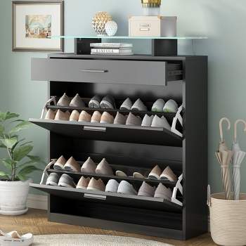 35" Free Standing Modern Shoe Cabinet With 2 Flap Drawers, Tempered Glass Top Shoe Cabinet with 1 Drawer - ModernLuxe