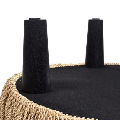 Jet Black Round Tufted Upholstered Ottoman with Fringe