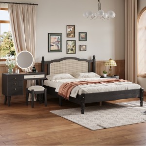 3-Piece Bedroom Set with Queen/Full Size Wooden Bed, 1 Vintage Nightstand and 1 Makeup Vanity Set with Stool 4B - ModernLuxe - 1 of 4