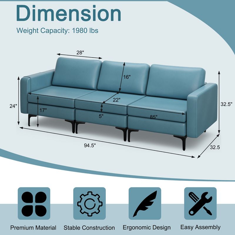 Costway Modular 3-Seat Sofa Couch w/ Socket USB Ports & Side Storage Pocket, 4 of 11