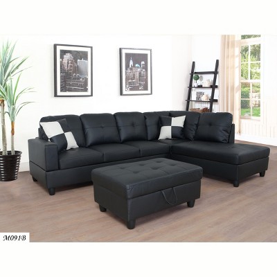 VYNXARIA 3 PC Sectional Sofa Set, (Black) Faux Leather left-Facing Sofa with Free Storage Ottoman