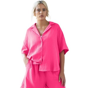 ellos Plus Size Button Front Gauze Camp Shirt - 1 of 4