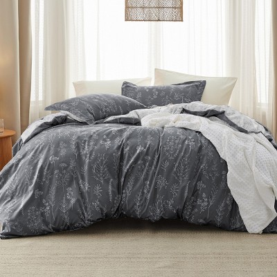 Bedsure | 2/3 Pcs Floral Printed Reversible Sage Green Comforter Set Queen Size Soft Designed Plants Pattern Bedding Set