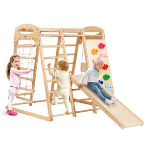 VEVOR Indoor Jungle Gym, 7-in-1 Toddler Indoor Playground, 47.2 x 58 x 56 inch, with Wood and Rope Ladder, Net Ladder, Swing, Wood Color - 1 of 4