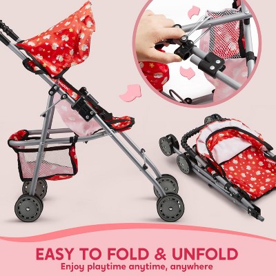 Red Unicorn Foldable Baby Doll Stroller with Basket and Bottles