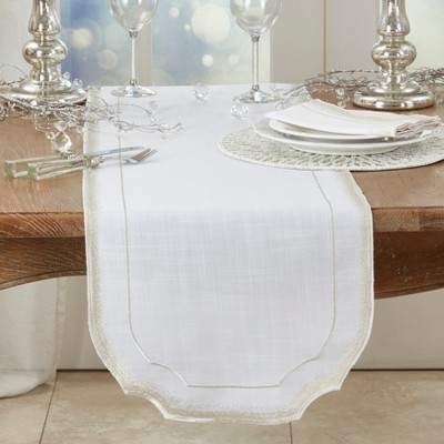 Elegant White and Beige Embroidered Polyester Table Runner, 16"x70"