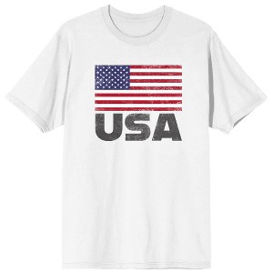 Distressed American Flag and USA Text on White Ground Adult Crew Neck Short Sleeve T-shirt - 1 of 4