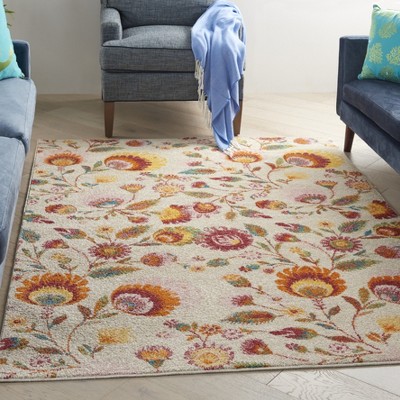Vibrant Ivory Multicolor Floral 4' x 6' Synthetic Area Rug