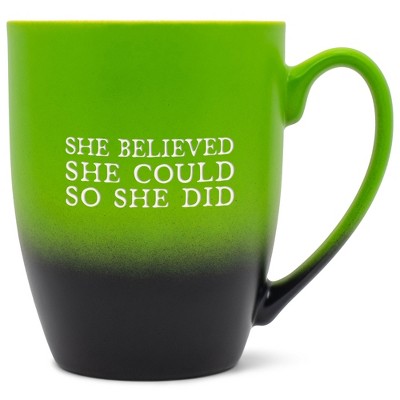 Elanze Designs She Believed She Could So She Did Two Toned Ombre Matte Green and Black 12 ounce Ceramic Stoneware Coffee Cup Mug