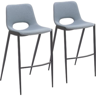 Desi Armless 40" H Barstools Set of 2 – Faux Leather Azure Gray Seat, Steel Base by Zuo Modern