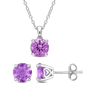 EVERLY JEWELRY | Sterling Silver 4 CT TGW Amethyst Solitaire Stud Earring and Pendant with chain Set - 1 of 4