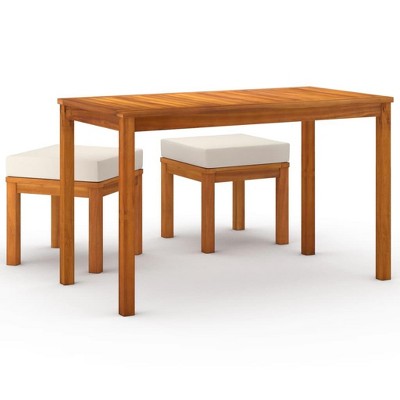 vidaXL 3 Piece Outdoor Patio Dining Set - Solid Acacia Wood with Oil Finish - Includes Table and 2 Stools with Cream Cushions