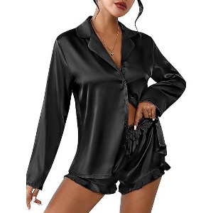 Ekouaer Womens Satin Pajama Sets Long Sleeve Top and Shorts Lounge Set Button Down Sleepwear - 1 of 4