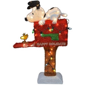 ProductWorks Peanuts Pre-Lit Snoopy and Woodstock Mailbox Indoor/Outdoor Christmas Yard Ornament, Holiday Display with 105 Lights and Stand, 36 Inches - 1 of 1