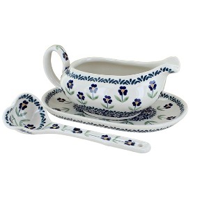 Blue Rose Polish Pottery S119 Manufaktura Gravy Boat Plate & Ladle - 1 of 1