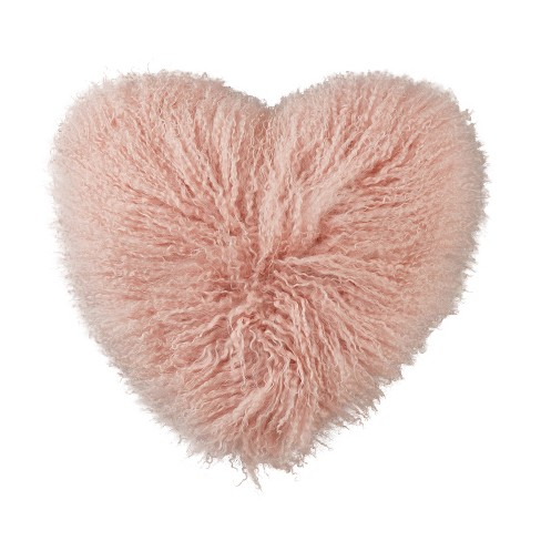 Saro Lifestyle Lush and Luxe Heart-Shaped Mongolian Lamb Fur Poly Filled  Throw Pillow, Pink