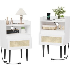 Rattan Nightstands Set of 2, Boho Bedside Tables with Drawer and Open Shelf, Wooden Accent Night Stands for Bedroom or Living Room - 1 of 4