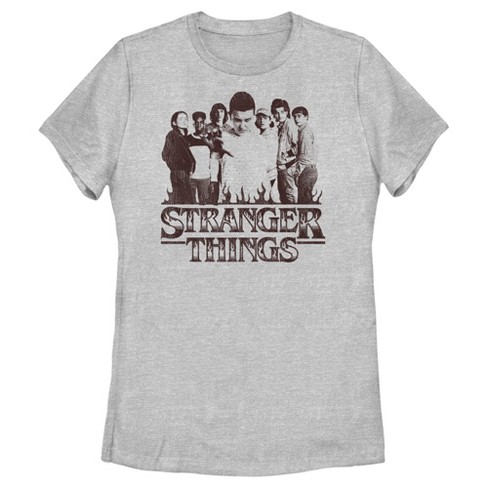 Women's Stranger Things Group Shot and Flaming Logo T-Shirt - Athletic  Heather - X Large