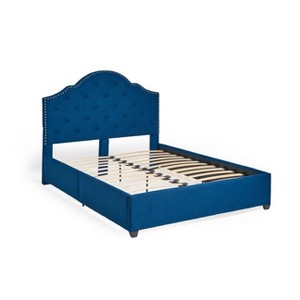 Queen Cordeaux Fully-Upholstered Bed Navy Blue - Christopher Knight Home: Nailhead, No Box Spring Required - 1 of 4