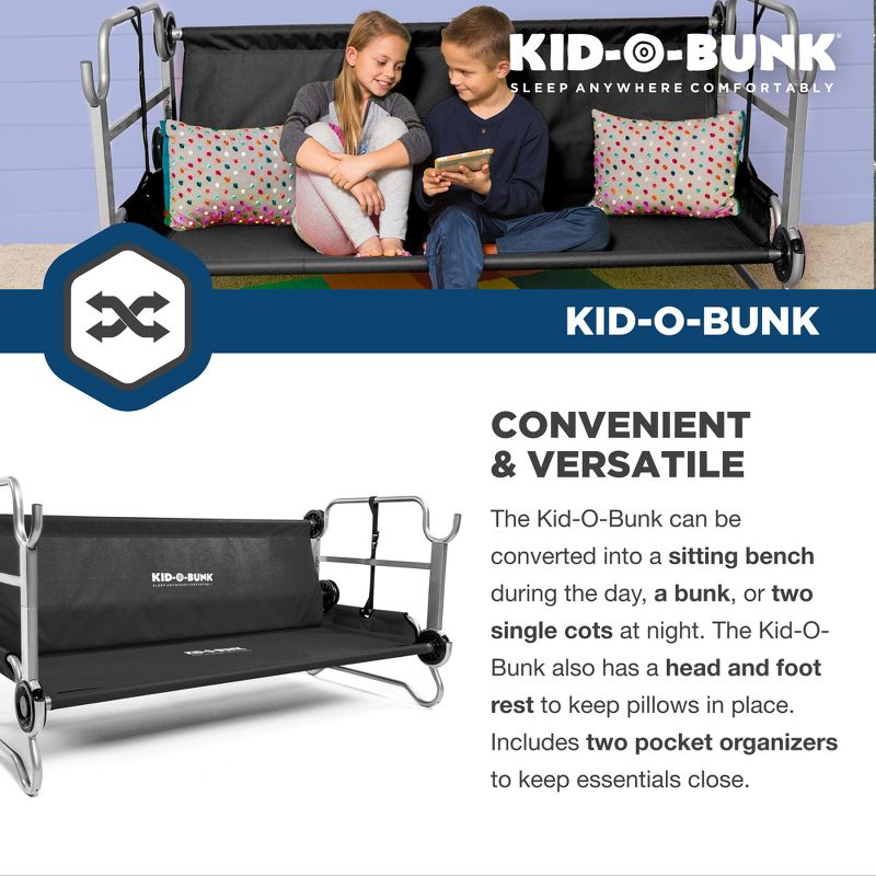 Disc-O-Bed Youth Kid-O-Bunk 2 Person Bench Bunked Double Bunk Bed Cots with 2 Side Organizers and Carry Bags for Outdoor Camping Trips, Black, 3 of 7