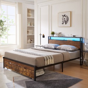 Queen Size Metal Platform Bed with Wooden Headboard and Two Drawers for Bedroom or Apartment - 1 of 4