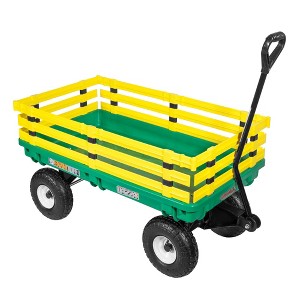 FARM-TUFF Durable Plastic Garden Wagon Utility Cart with Removable Side Racks and Pneumatic Tires, Green and Yellow, 20" x 38" - 1 of 1