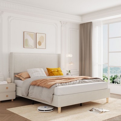 Corduroy Upholstered Bed Frame with 51" Wingback Headboard & Wooden Slats, No Box Spring Needed