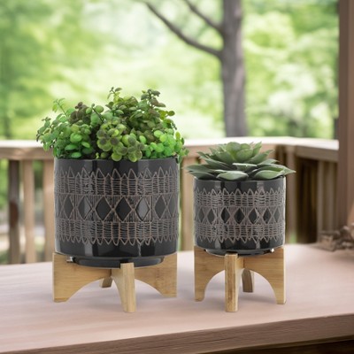 Ceramic Planter with Wooden Stand - Decorative Plant Pots for Indoor & Outdoor Use - Modern Home & Garden Decor - Set of 2 - 6" & 10" Black