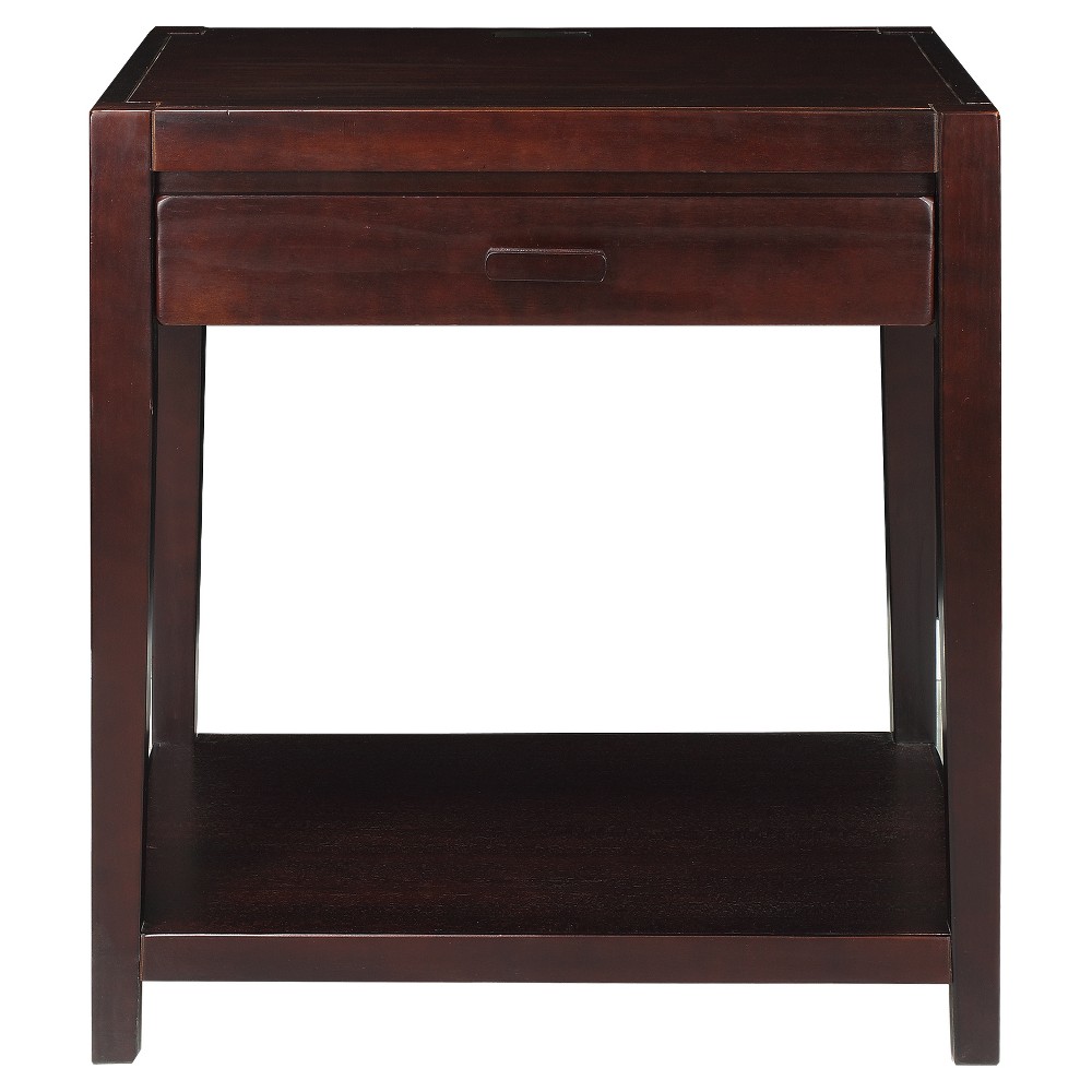 26" Nightstand with USB Port Espresso - Flora Home: Solid Wood, 1 Drawer & Open Shelf