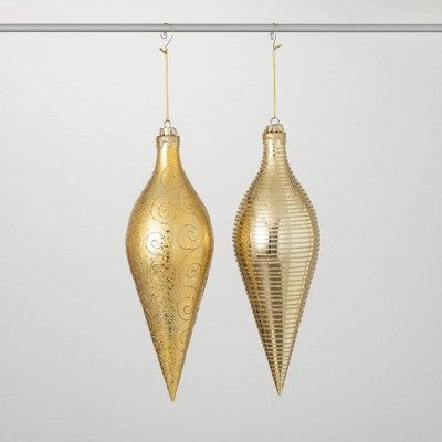 16"H Sullivans Christmas Gold Patterned Drop Ornaments Set of 2  Gold