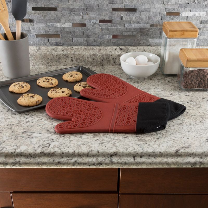 Silicone Oven Mitts  Extra Long Professional Quality Heat Resistant with Quilted Lining and 2-sided Textured Grip  1 pair Dark Red by Lavish Home, 2 of 7