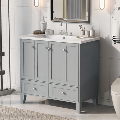 Okak 36" Retro Bathroom Vanity with Sink Freestanding Bathroom Resin Sink Vanities with 2 Drawers and 4 Doors Large Storage for Bathroom, Grey