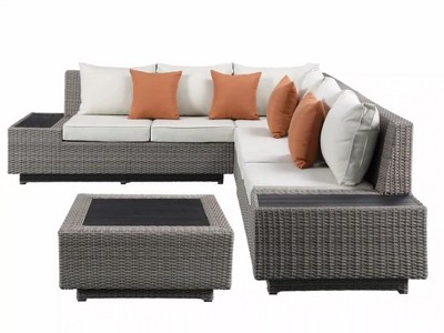 Salena Beige Fabric and Gray Wicker Patio Sectional with Cocktail Table