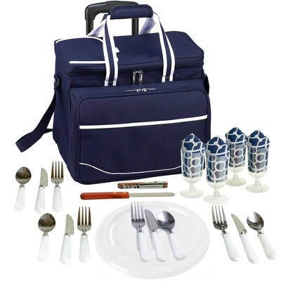 Blue Insulated Rolling Picnic Cooler with Service for Four
