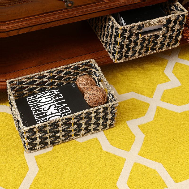Villacera Rectangle Hand Weaved Wicker Baskets made of Water Hyacinth - Set of 2 Nesting Black and Natural Seagrass Bins, 4 of 9
