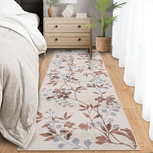 Acekool 2x6 Floral Runner Rug - Washable Vintage Non-Slip Kitchen Rug for Hallway, Entryway, Bedroom & Bathroom in Neutral Beige - 1 of 4
