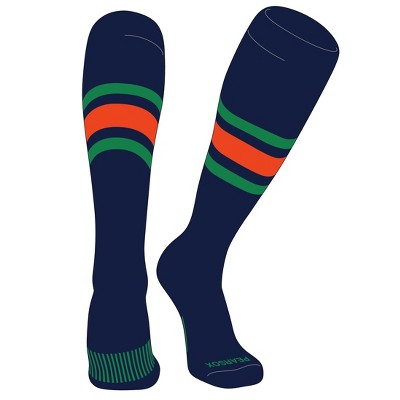 PEAR SOX Striped OTC Baseball, Softball, Football Socks (B) Navy, Kelly Green, Orange (XL)