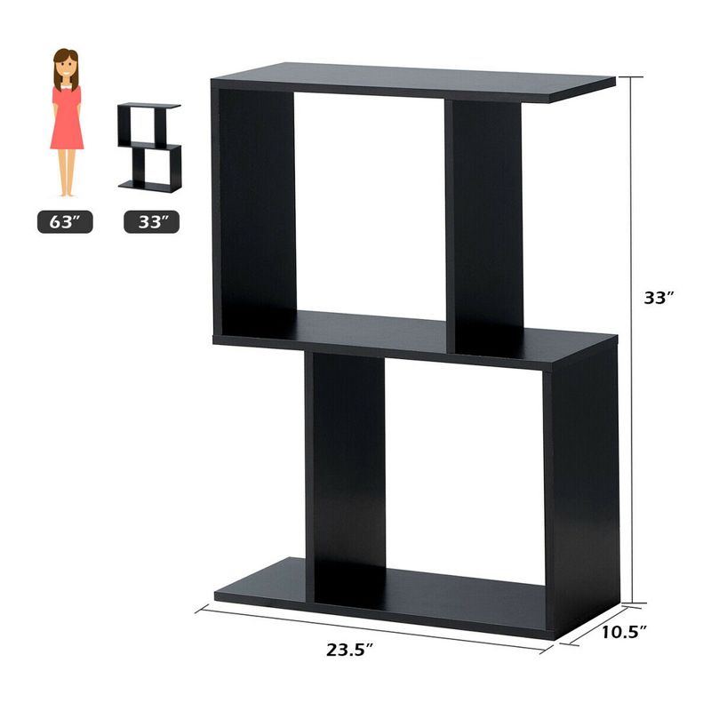 Costway 2-tier S-Shaped Bookcase Free Standing Storage Rack Wooden Display Decor Black, 2 of 11