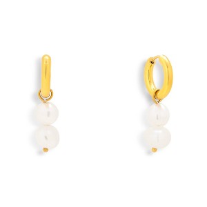 EVRY JEWELS WATERPROOF Gold or Silver Plated Stainless Steel Double Pearl Drop Hoop Earrings - 1 of 3