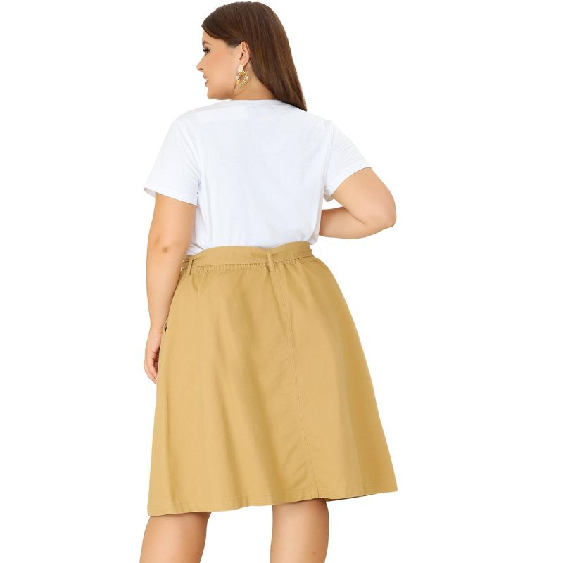 Agnes Orinda Women's Plus Size Denim Tie Waist Button Front A-Line Midi Skirts, 4 of 6
