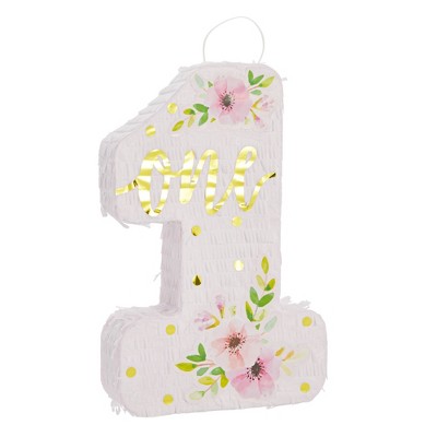 Blue Panda Pink Floral Number 1 Pinata for Girl's 1st Birthday Party Decorations, "One" Design, Hibiscus Floral Print 16.5x11x3 In