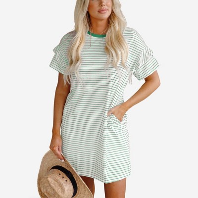 Amaryllis Women’s Relaxed Fit Striped Knit T-Shirt Dress with Cuffed Short Sleeves and Side Pockets